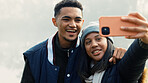 Selfie, travel and a couple hiking in nature together for adventure, fun or to explore the wilderness. Photograph, love and young people bonding while posing for a profile picture on social media