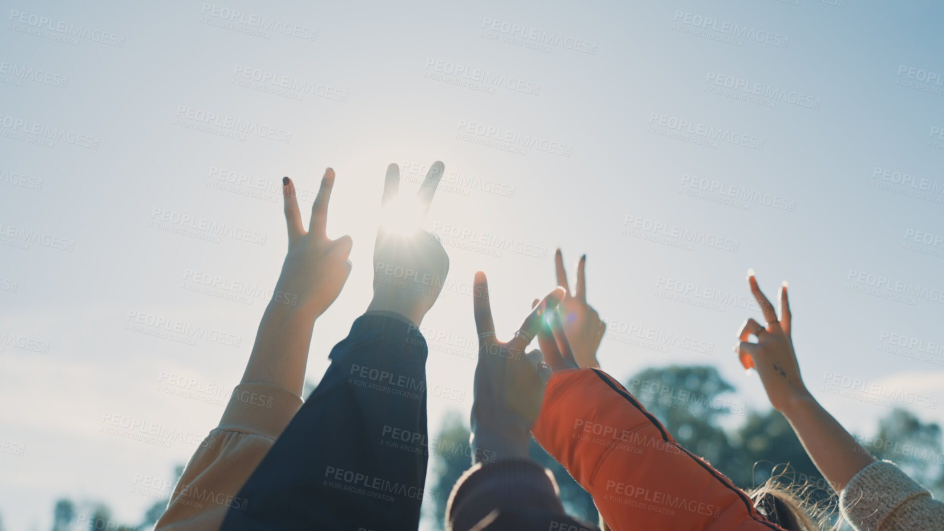 Buy stock photo Volunteer, friends and hands with peace sign outdoor with support, community or solidarity. Volunteering, crowd or people with v emoji in nature for charity, service or help, activism and hope in sky