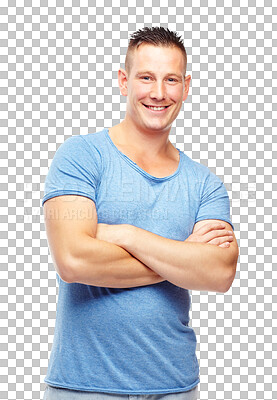 Buy stock photo Fashion, crossed arms and portrait of man with muscle on png, isolated and transparent background. Handsome, happy and male person smile with healthy body in casual clothes, modern outfit and style