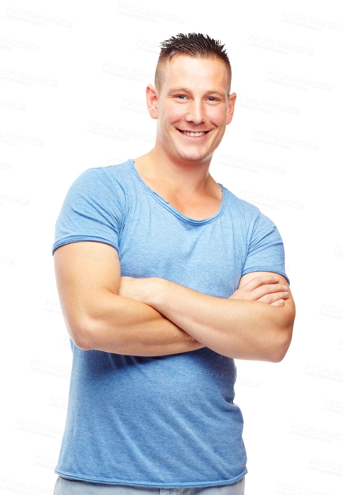 Buy stock photo Fashion, crossed arms and portrait of man with muscle on png, isolated and transparent background. Handsome, happy and male person smile with healthy body in casual clothes, modern outfit and style