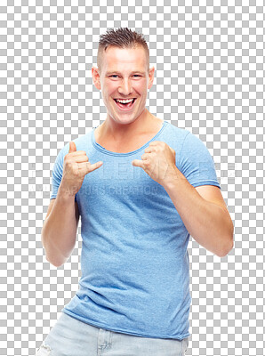 Buy stock photo Portrait, excited and smile with man or hand gesture in png or isolated and transparent background. Happy, fashion and male person with confidence positive sign with emoji with tshirt or casual.