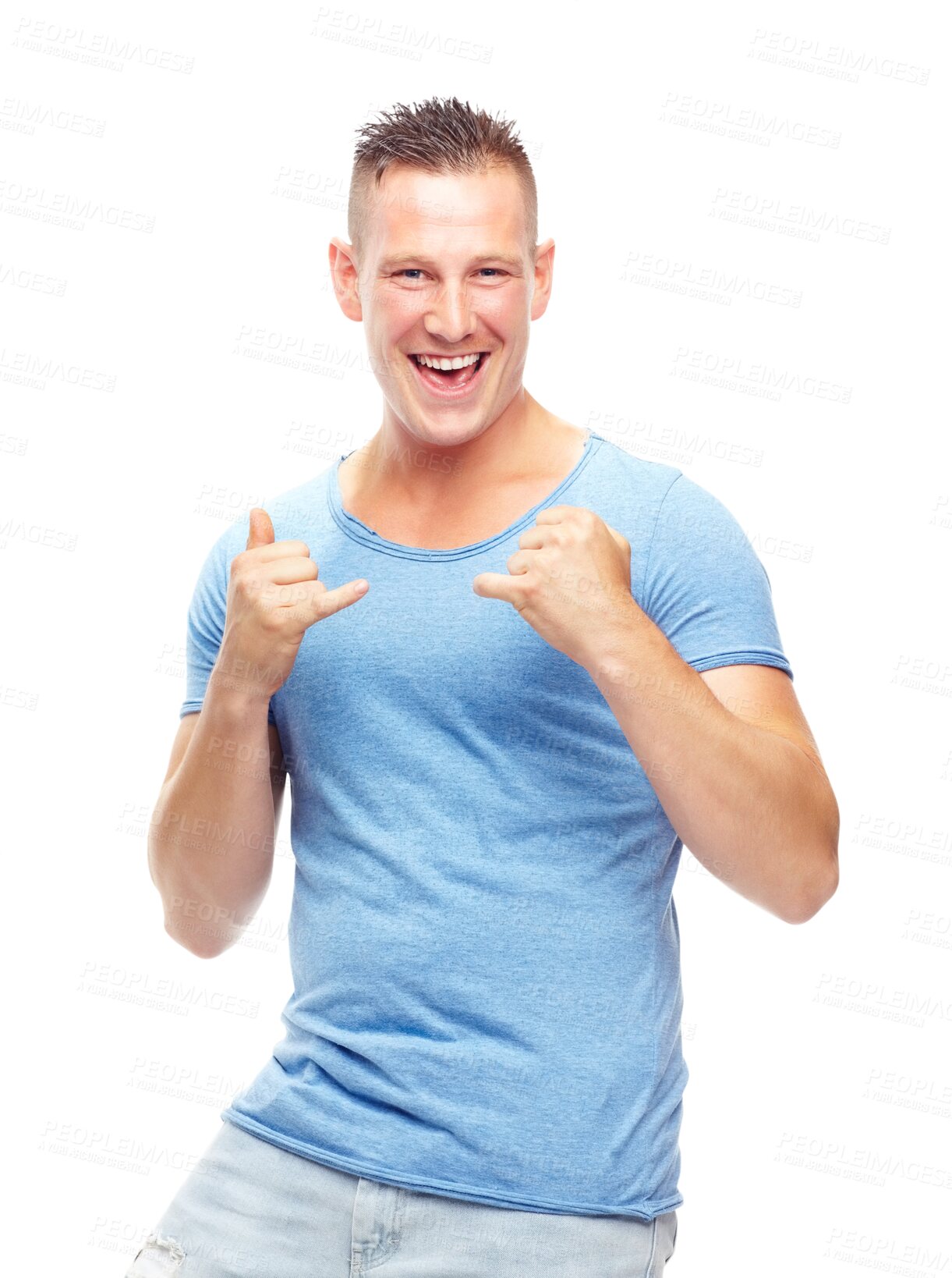 Buy stock photo Portrait, excited and smile with man or hand gesture in png or isolated and transparent background. Happy, fashion and male person with confidence positive sign with emoji with tshirt or casual.