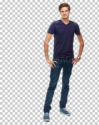 Buy stock photo Portrait, confidence and man in tshirt for fashion isolated on a transparent png background. Casual, style and young person and model from Australia with trendy jeans, aesthetic and hands on hips