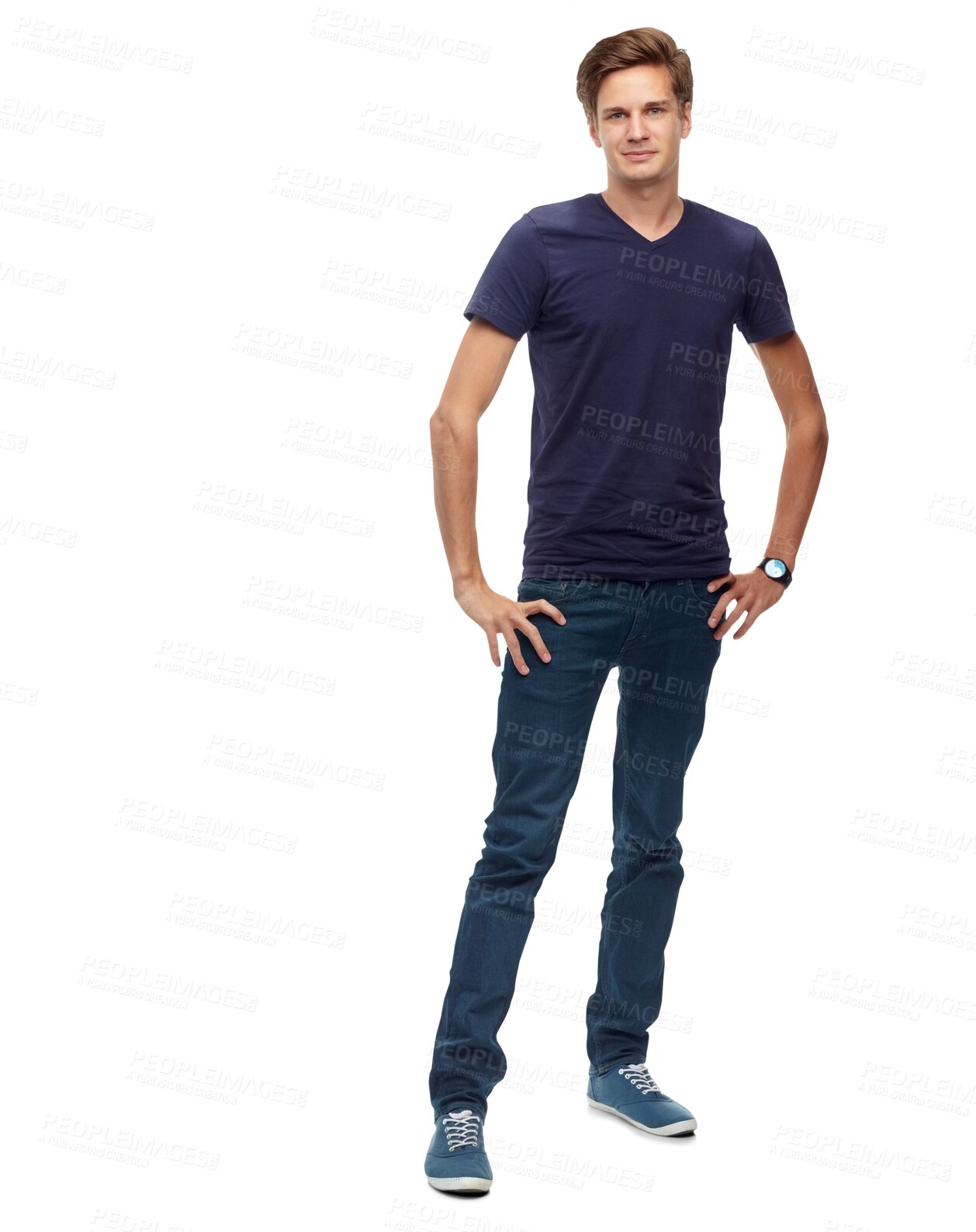 Buy stock photo Portrait, confidence and man in tshirt for fashion isolated on a transparent png background. Casual, style and young person and model from Australia with trendy jeans, aesthetic and hands on hips