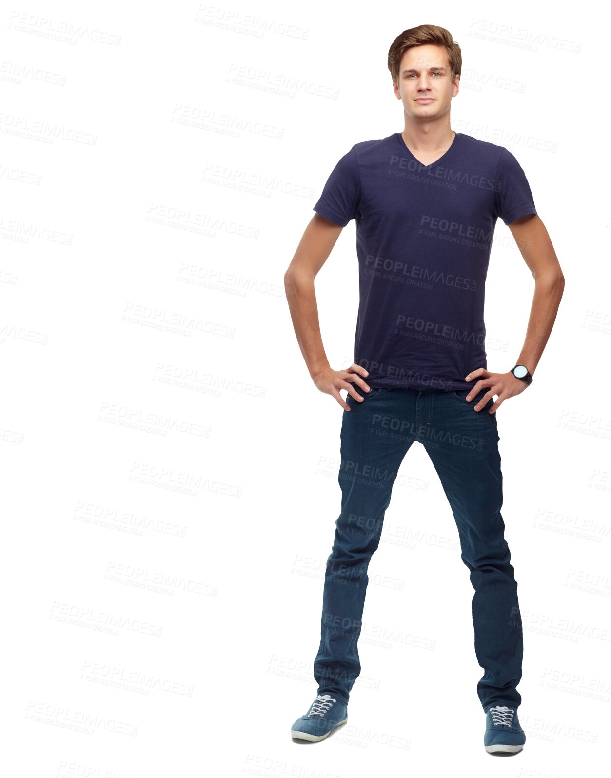 Buy stock photo Portrait, young man and confidence in fashion, casual clothes and style on isolated, transparent or png background. Happy, person and pride with hands on hips in cool jeans and clothing for men