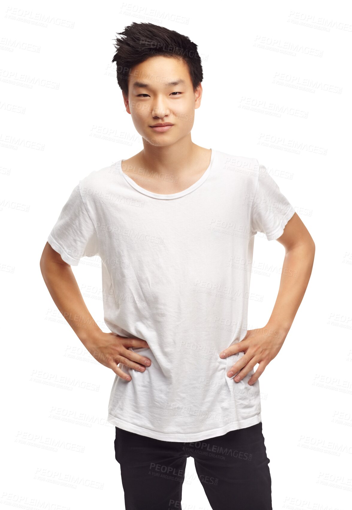 Buy stock photo Portrait, asian and teenager with hands on hip in png or isolated and transparent background with fashion. Student, confident and male person with positive mindset or style, casual clothes or tshirt.