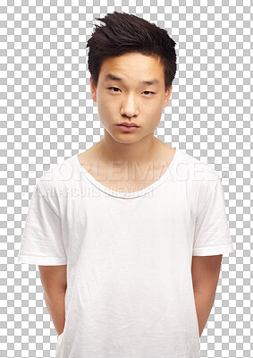 Buy stock photo Fashion, confident and portrait of serious Asian man with style on png, isolated and transparent background. Handsome, attitude and young male person in casual clothes, modern outfit and tshirt