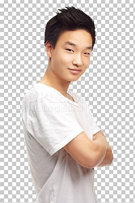 Buy stock photo Fashion, confident and portrait of Asian man with style on png, isolated and transparent background. Handsome, crossed arms and young male person smile in casual clothes, modern outfit and tshirt