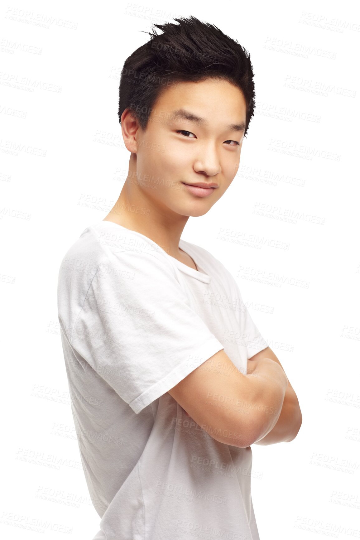 Buy stock photo Fashion, confident and portrait of Asian man with style on png, isolated and transparent background. Handsome, crossed arms and young male person smile in casual clothes, modern outfit and tshirt