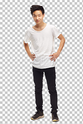 Buy stock photo Fashion, casual and Asian with portrait of teenager with cool, trendy and youth style. Confident, male person face and relax isolated on a transparent, png background with attitude and gen z clothing