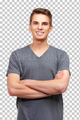 Buy stock photo Fashion, happy and portrait of man with crossed arms on png, isolated and transparent background. Handsome, confidence and male person with smile, relax in casual clothes, modern outfit and tshirt