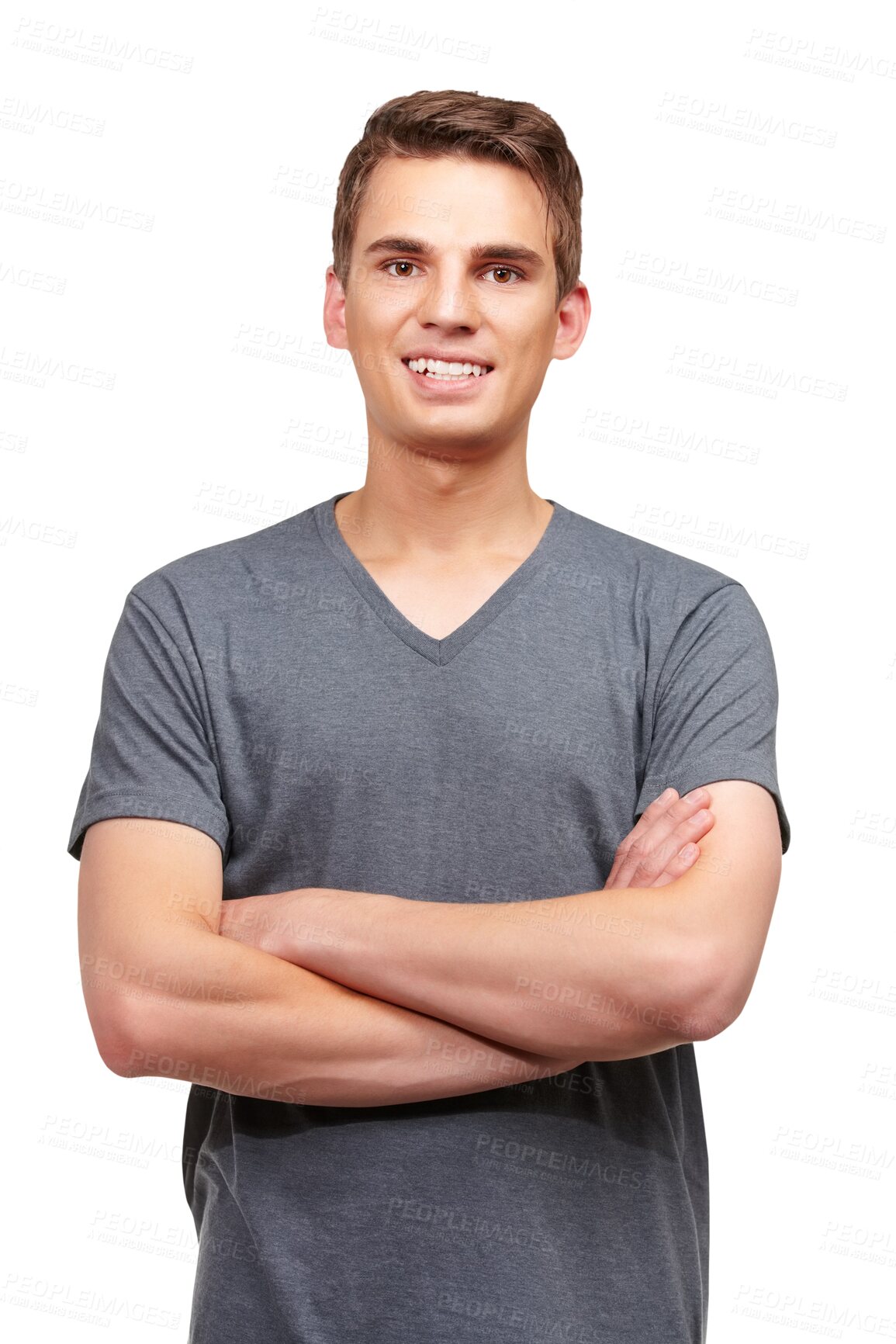 Buy stock photo Fashion, happy and portrait of man with crossed arms on png, isolated and transparent background. Handsome, confidence and male person with smile, relax in casual clothes, modern outfit and tshirt