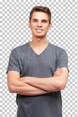 Buy stock photo Fashion, style and portrait of happy man with crossed arms on png, isolated and transparent background. Handsome, attractive and male person smile, relax in casual clothes, modern outfit and tshirt