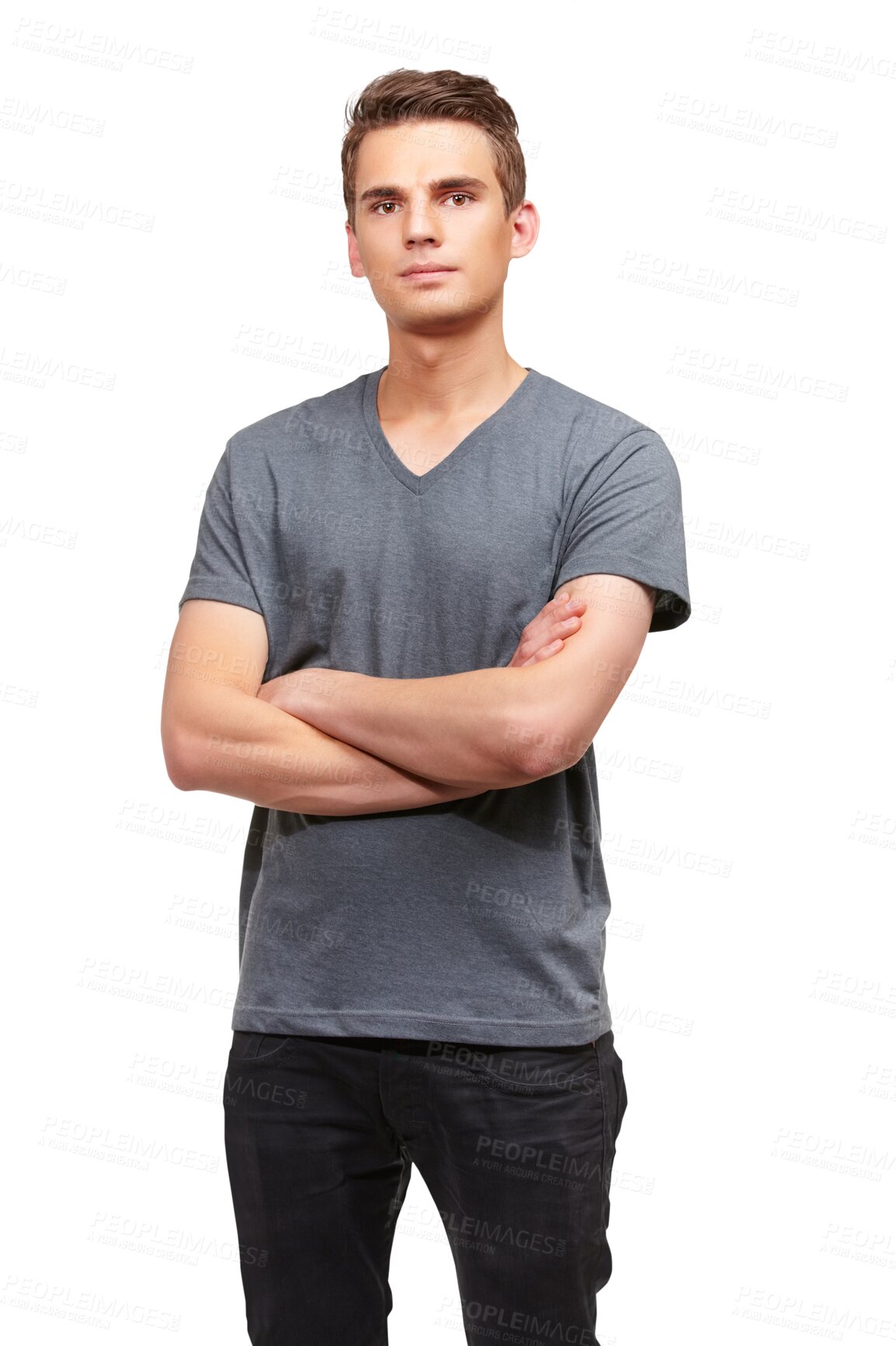 Buy stock photo Fashion, serious and portrait of man with style on png, isolated and transparent background. Handsome, crossed arms and young male person with attitude in casual clothes, modern outfit and tshirt