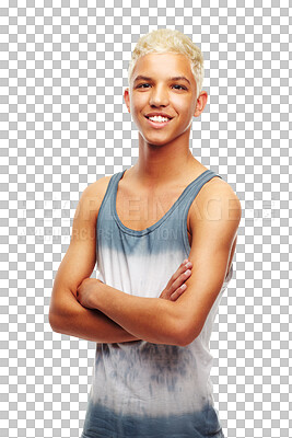 Buy stock photo Arms crossed, fitness and young man in portrait for youth training, exercise and wellness with pride. Face of happy teenager, model or person for workout isolated on transparent, png background