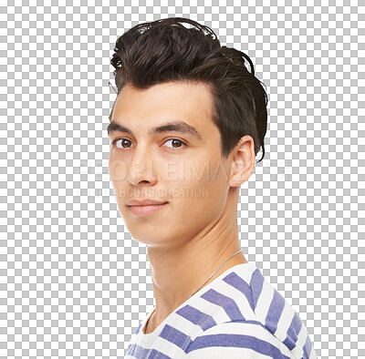 Buy stock photo Fashion, happiness and portrait of young man with confidence, attractive student isolated on transparent png background. Youth, pride and face of male person with trendy casual clothes for university