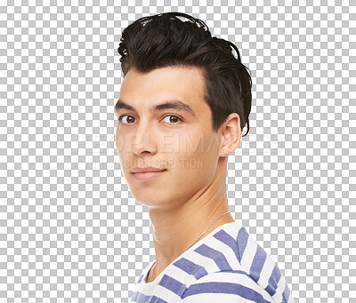 Buy stock photo Fashion, style and portrait of young man with confidence, attractive student and isolated on transparent png background. Youth, pride and face of male person with trendy casual clothes for university