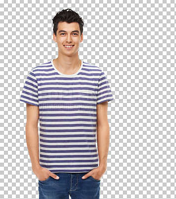 Buy stock photo Young teenager, confidence or happy portrait with smile, fashion and cool gen z aesthetic. Guy, model or teen with trendy clothes, Spain or youth culture isolated on transparent, png background