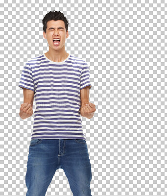 Buy stock photo Success, happy and yes with man and fist pump on png for winner, celebration and achievement. Profit, bonus and reward with person isolated on transparent background for excited, wow and news