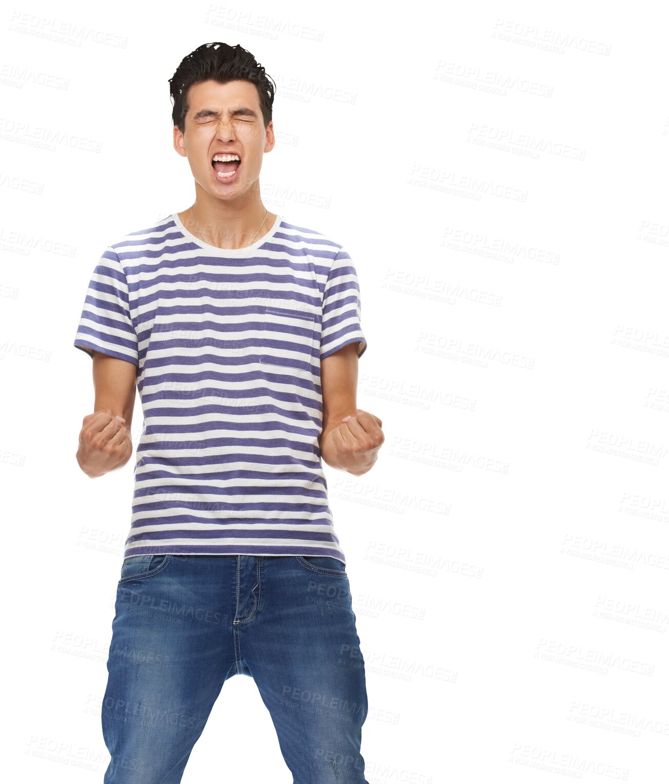 Buy stock photo Success, happy and yes with man and fist pump on png for winner, celebration and achievement. Profit, bonus and reward with person isolated on transparent background for excited, wow and news