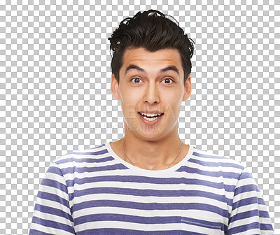 Buy stock photo Wow, portrait and man surprised by news, promotion or announcement on isolated, transparent and png background. Shocking, face and male person with discount, deal or sign up sale info and giveaway