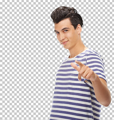 Buy stock photo Portrait, man and pointing at the choice, decision or you with hand and fashion or clothes on isolated, transparent or png background. Casual, vote and confidence with smile on face for advertising