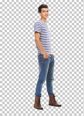 Buy stock photo Smile portrait, male teen and gen z fashion with pose and confidence of teenager. Hipster, trendy and isolated on a transparent, png background with stylish and casual clothing and model from Madrid