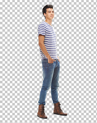 Buy stock photo Portrait, male teen and gen z fashion with attitude and confidence of teenager. Hipster, trendy and isolated on a transparent, png background with stylish and casual clothing and hand in pockets