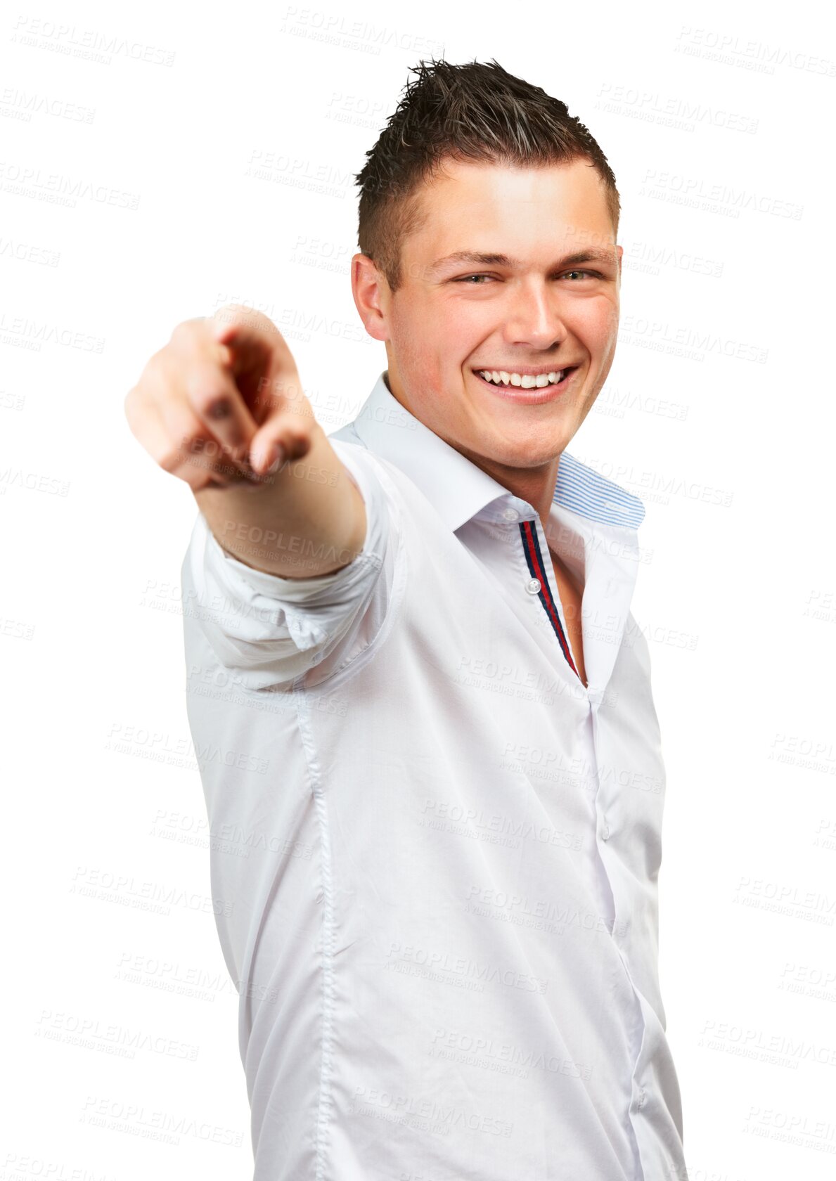 Buy stock photo Portrait of young man pointing you to show winner, opportunity or success choice. Hiring worker, employee or happy person, finger and hand sign for recruitment isolated on transparent png background