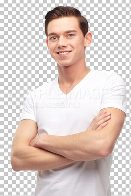 Buy stock photo Fashion, crossed arms and portrait of man with style on png, isolated and transparent background. Handsome, confidence and happy male person relax with casual clothes, stylish outfit and tshirt