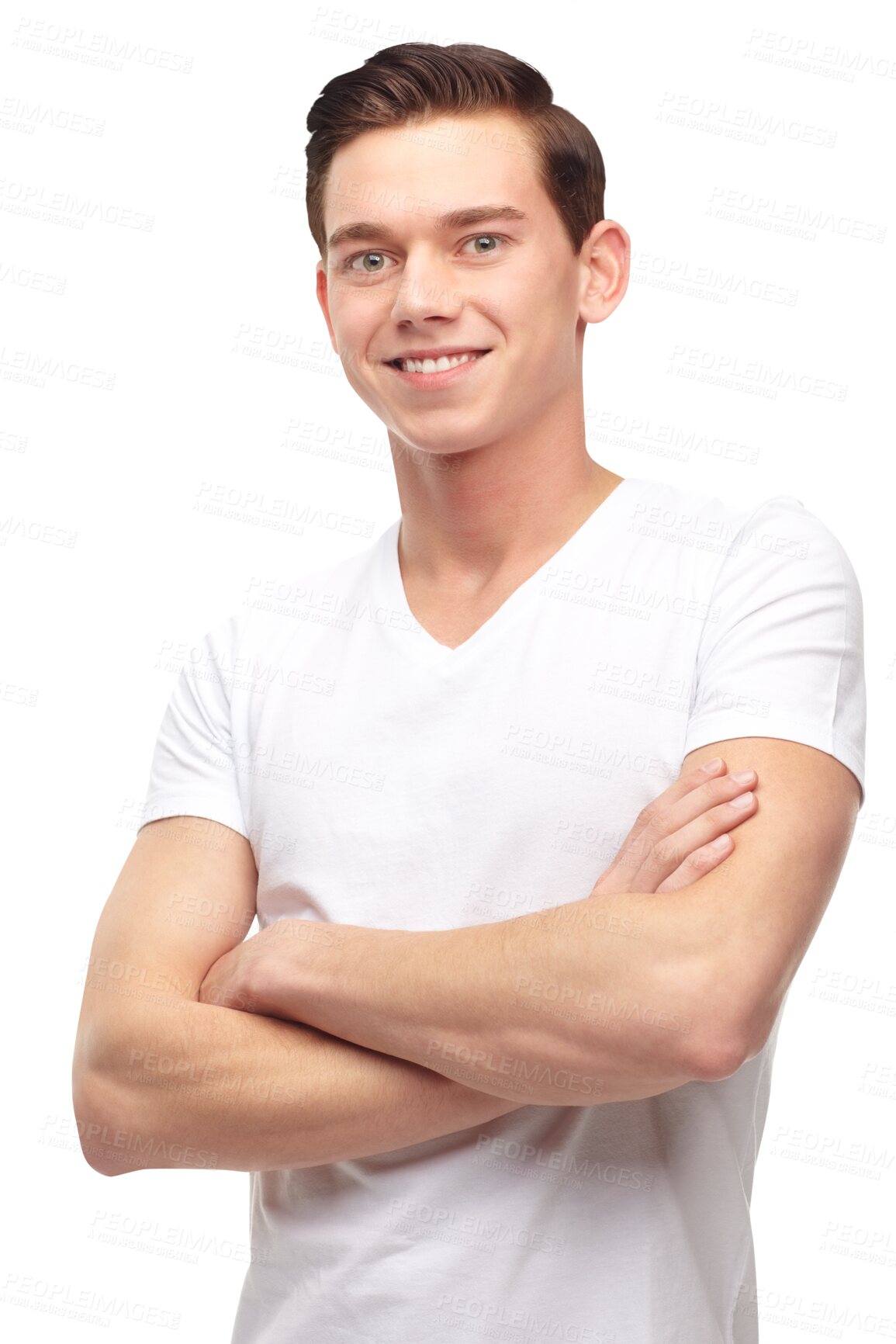 Buy stock photo Fashion, crossed arms and portrait of man with style on png, isolated and transparent background. Handsome, confidence and happy male person relax with casual clothes, stylish outfit and tshirt