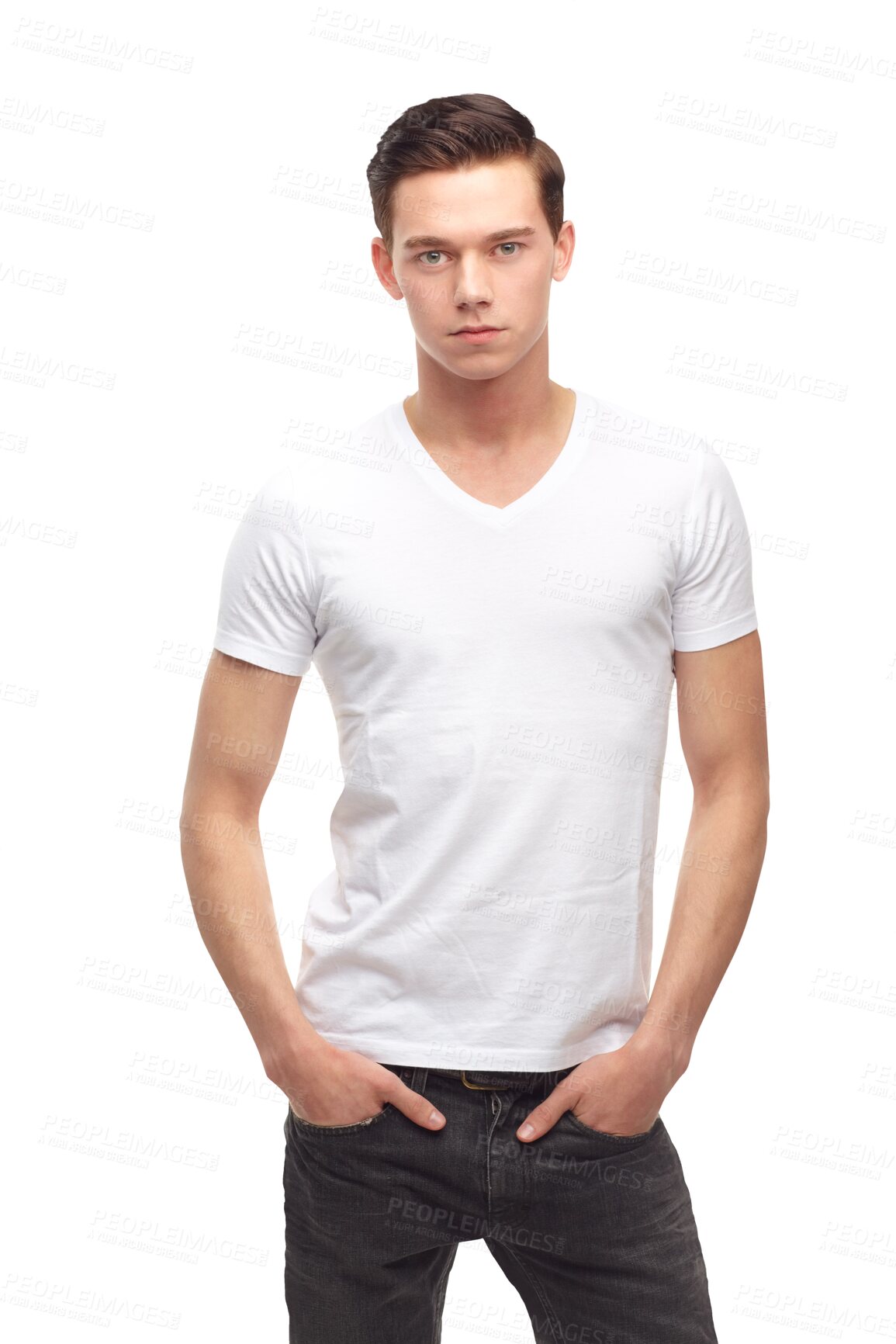 Buy stock photo Fashion, serious and portrait of young man with a casual, trendy and stylish outfit with confidence. Handsome, posing and headshot of male model with edgy style isolated by transparent png background