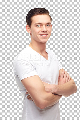 Buy stock photo Fashion, confident and portrait of happy man with style on png, isolated and transparent background. Handsome, crossed arms and male person smile, relax in casual clothes, modern outfit and tshirt