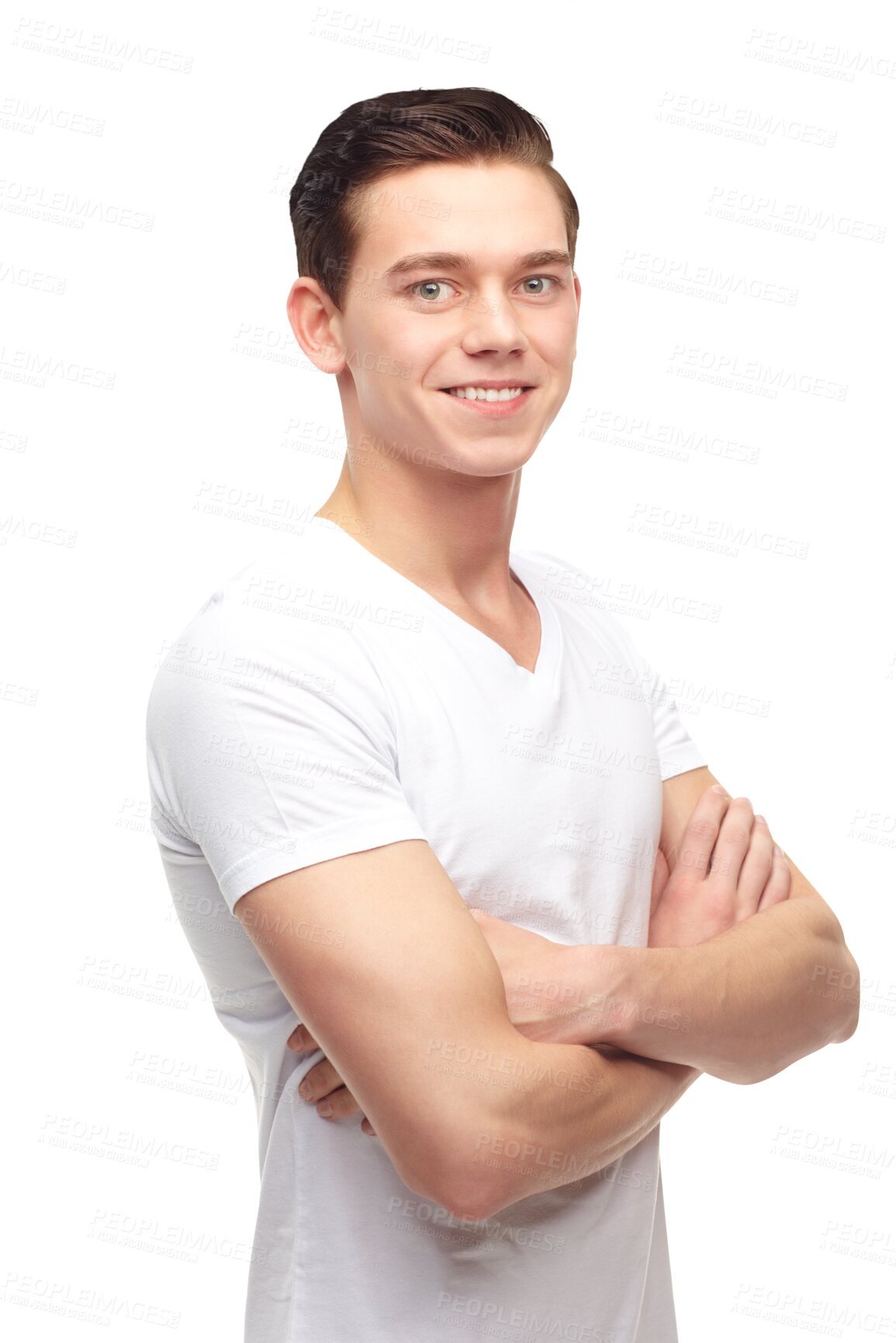 Buy stock photo Fashion, confident and portrait of happy man with style on png, isolated and transparent background. Handsome, crossed arms and male person smile, relax in casual clothes, modern outfit and tshirt