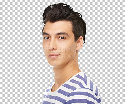 Buy stock photo Fashion, smile and portrait of young man with confidence, attractive student isolated on transparent png background. Youth, pride and face of happy male model in trendy casual clothes at university.