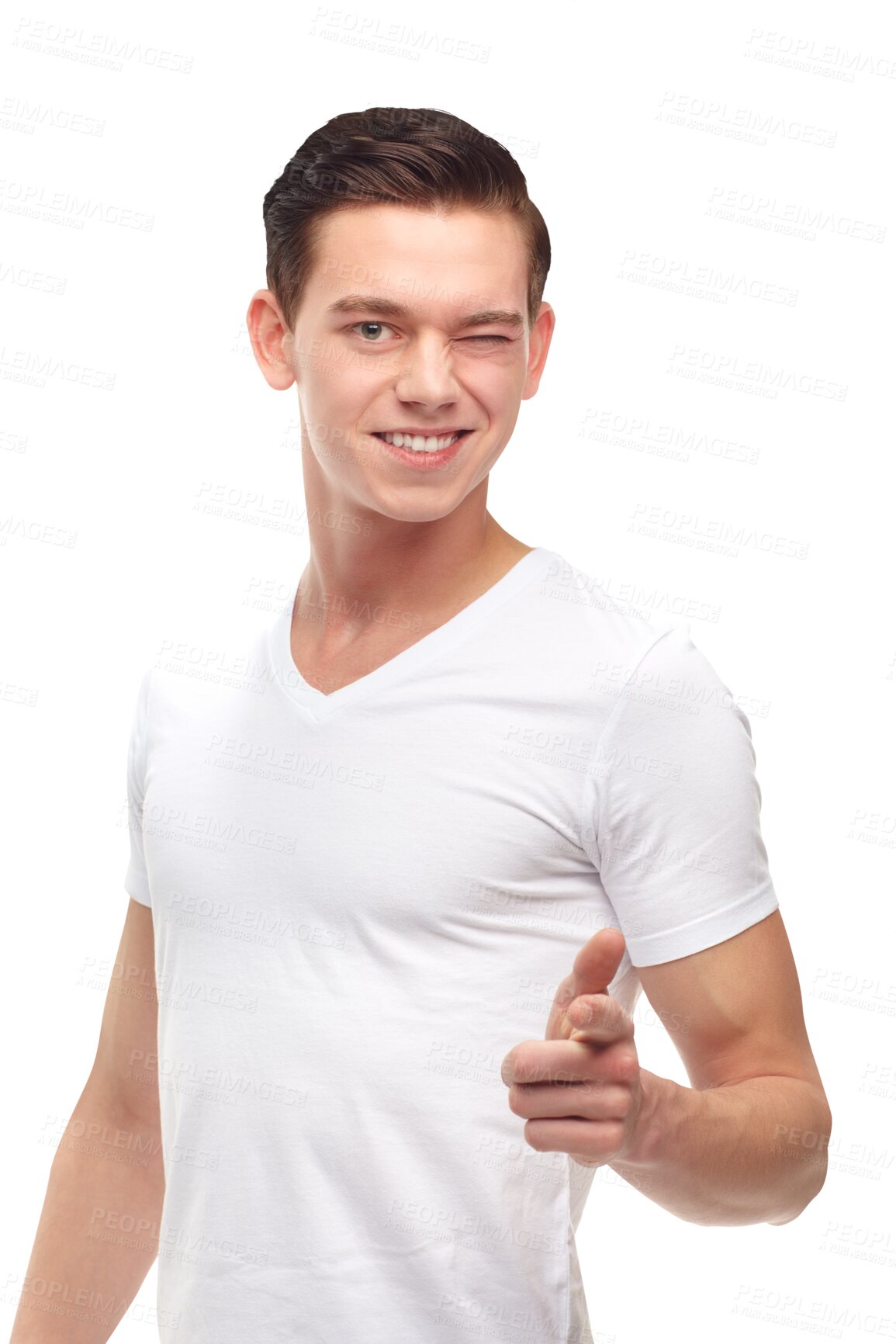 Buy stock photo Wink, flirting and portrait of young man with a finger gun for comedy, comic or funny joke. Happy, smile and male model from Canada with flirty face expression isolated by transparent png background.