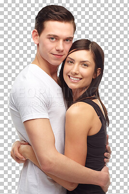 Buy stock photo Love, hug and portrait of happy couple isolated on transparent png background, romance and trust. Smile, man and woman in embrace in support, young relationship and future commitment together on date