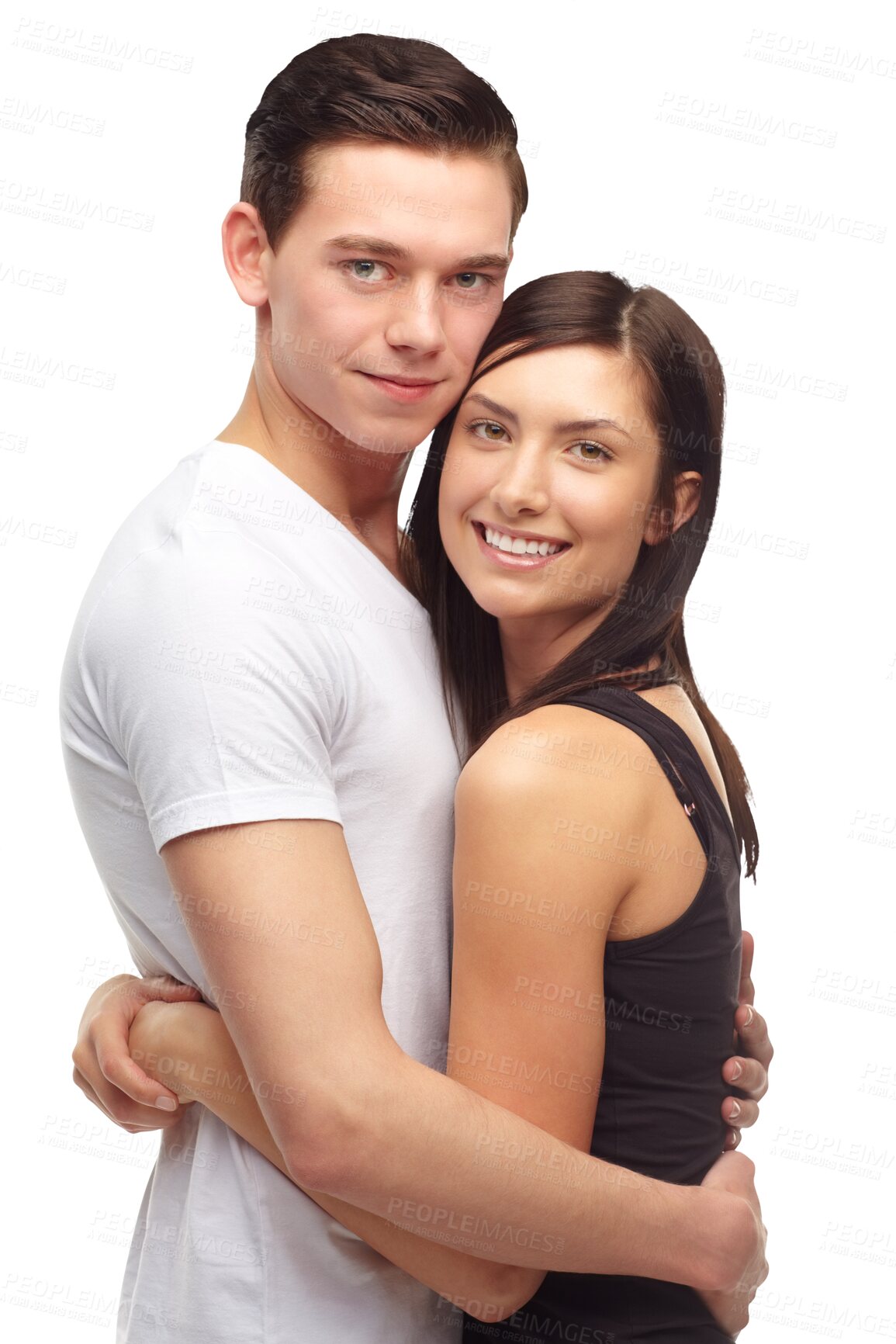 Buy stock photo Love, hug and portrait of happy couple isolated on transparent png background, romance and trust. Smile, man and woman in embrace in support, young relationship and future commitment together on date