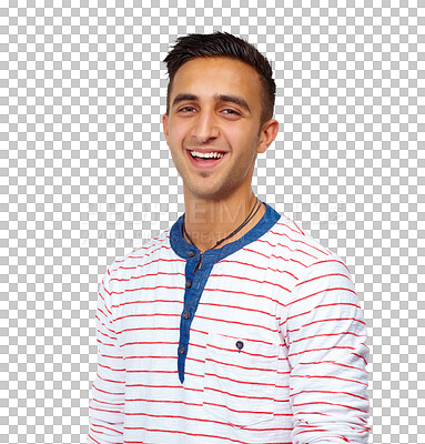 Buy stock photo Fashion, smile and portrait of young man with confidence, tech student isolated on transparent png background. Youth, pride and face of happy male person in trendy casual clothes for university style