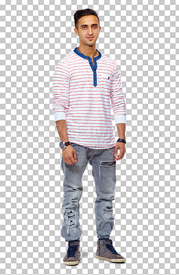 Buy stock photo Male teenager, confidence and portrait with attitude, fashion and cool gen z aesthetic. Guy, model and teen from Iraq with trendy clothes and youth culture isolated on transparent, png background