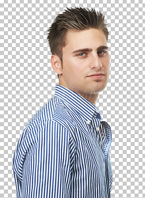 Buy stock photo Fashion, style and portrait of young man with confidence, attractive business and isolated on transparent png background. Youth, pride and face of male person with trendy casual clothes for work.