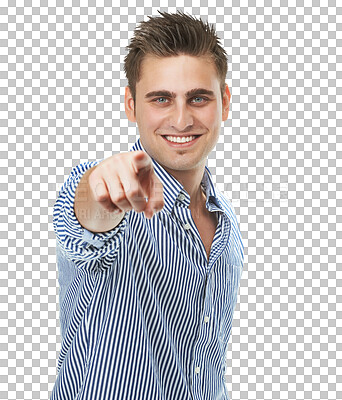 Buy stock photo Portrait of young man pointing you to show winner, opportunity or success choice. Hiring worker, employee or happy person, finger and hand sign for recruitment isolated on transparent png background