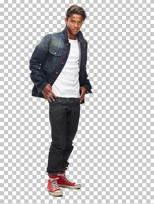 Buy stock photo Fashion, serious and portrait of man with confidence, attitude and pride on png transparent background. Model, confident and isolated young male person with trendy clothes, style and denim jacket