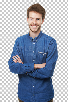 Buy stock photo Fashion, portrait and man with smile, arms crossed and confidence,  student isolated on transparent png background. Youth, pride and happy face of male in casual style clothes at university in Canada