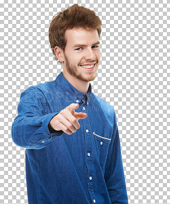 Buy stock photo Portrait of happy man or student pointing you for winner, creative opportunity and success or college choice. Young person, finger and hand sign for decision isolated on transparent, png background