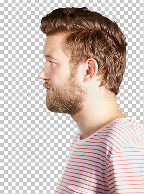 Buy stock photo Confident, casual and profile of young man with beard and trendy, stylish or edgy tshirt. Serious, natural and handsome male model from Australia with face hair isolated by transparent png background