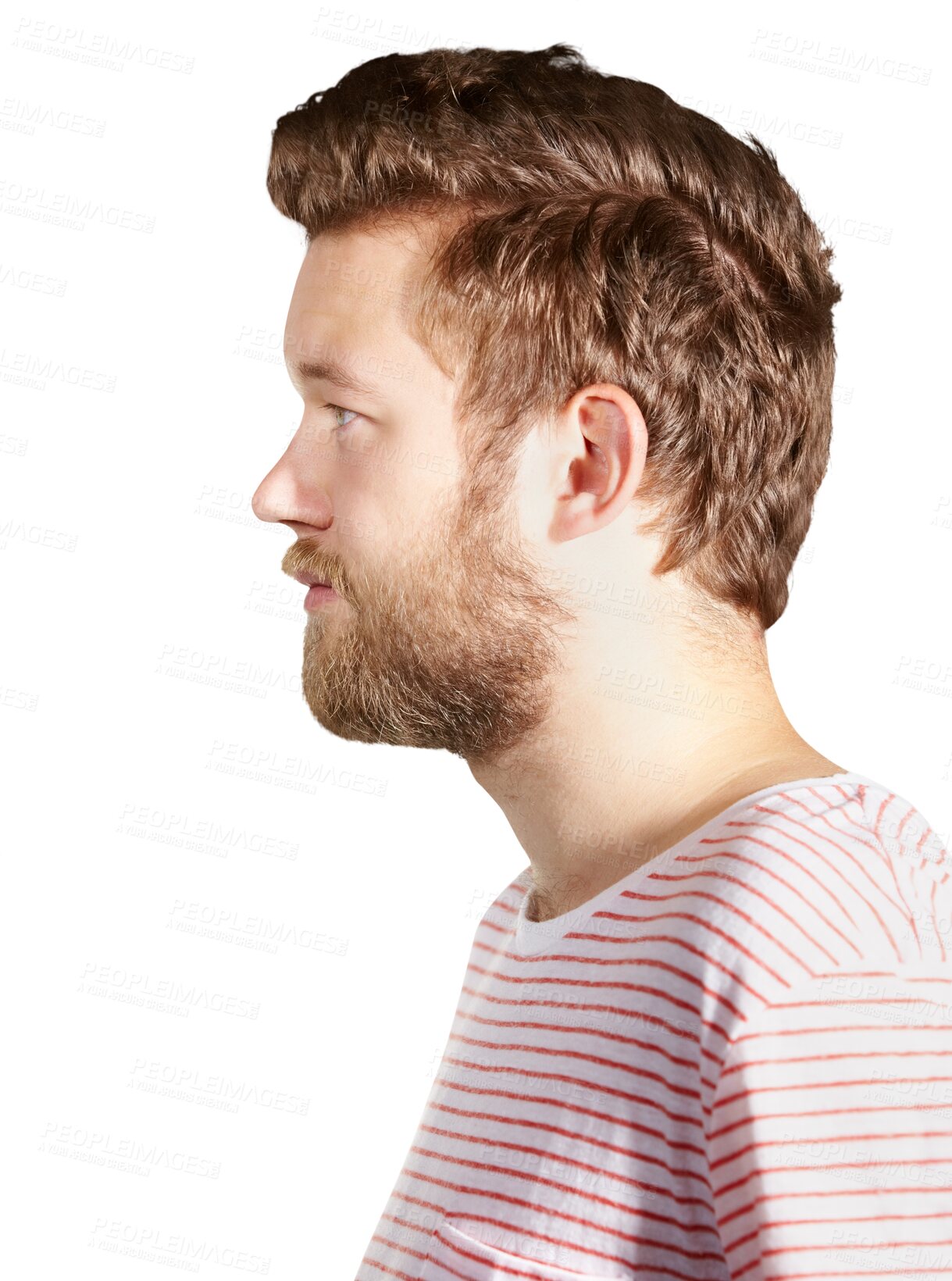 Buy stock photo Confident, casual and profile of young man with beard and trendy, stylish or edgy tshirt. Serious, natural and handsome male model from Australia with face hair isolated by transparent png background