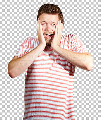 Buy stock photo Wow, wtf and portrait of man with news, discount or fashion sale on isolated, transparent and png background. Omg, face and surprised male shocked by announcement, deal or coming soon promotion info