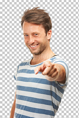 Buy stock photo Portrait, man and pointing at the camera, choice or you with hand for fun decision on isolated, transparent or png background. Hand, point and confidence with smile on face for advertising vote