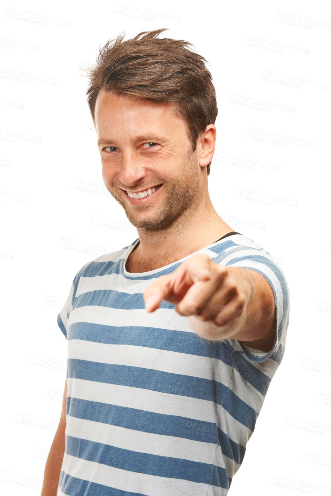 Buy stock photo Portrait, man and pointing at the camera, choice or you with hand for fun decision on isolated, transparent or png background. Hand, point and confidence with smile on face for advertising vote